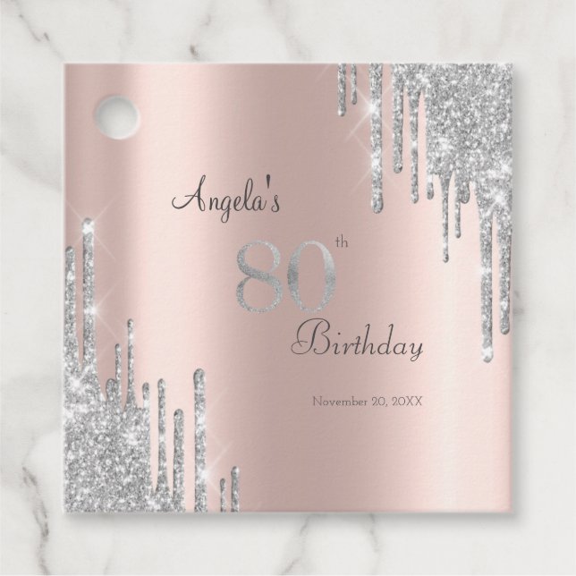 Silver Glitzer Tropfen Rose Gold 80. Geschenkanhänger (Vorderseite)