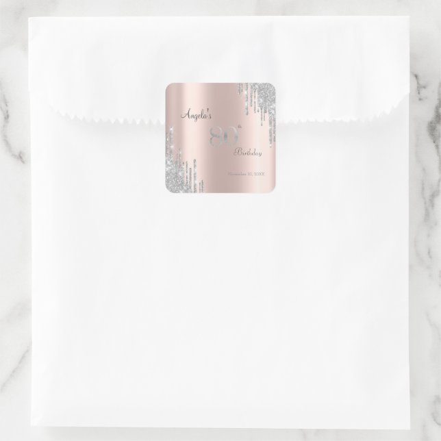 Silver Glitzer Tropfen Rose Gold 80. Quadratischer Aufkleber (Tasche)