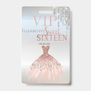 Silver Glitzer Tropfen, Rose Gold Dress Sweet 16 Ausweis