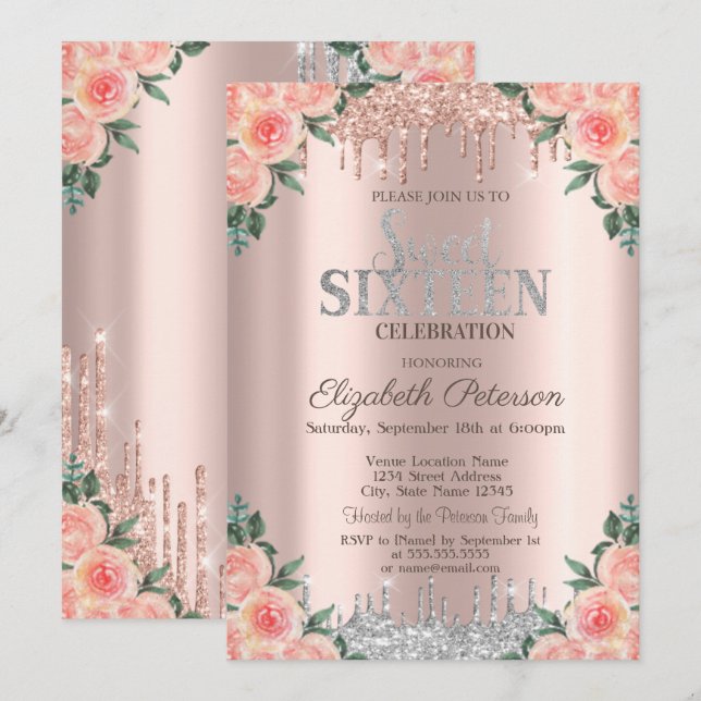 Silver Glitzer Tropfen Rose Gold Floral Sweet 16 Einladung (Vorne/Hinten)