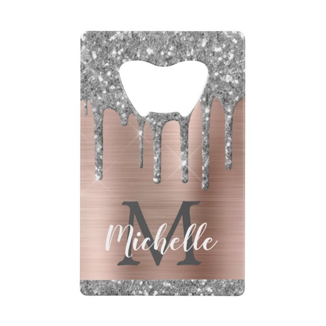 Silver Glitzer Tropfen Rose Gold Metallic Monogram Geldbeutel Flaschenöffner (Vorderseite)
