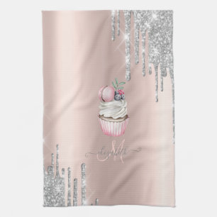 Silver Glitzer Tropfen Rose Gold Monogram Cupcake Geschirrtuch