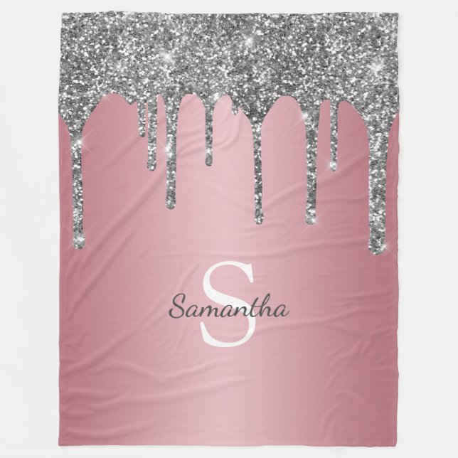 Silver Glitzer Tropfen Rose Gold Rosa Monogramm Na Fleecedecke (Vorderseite)