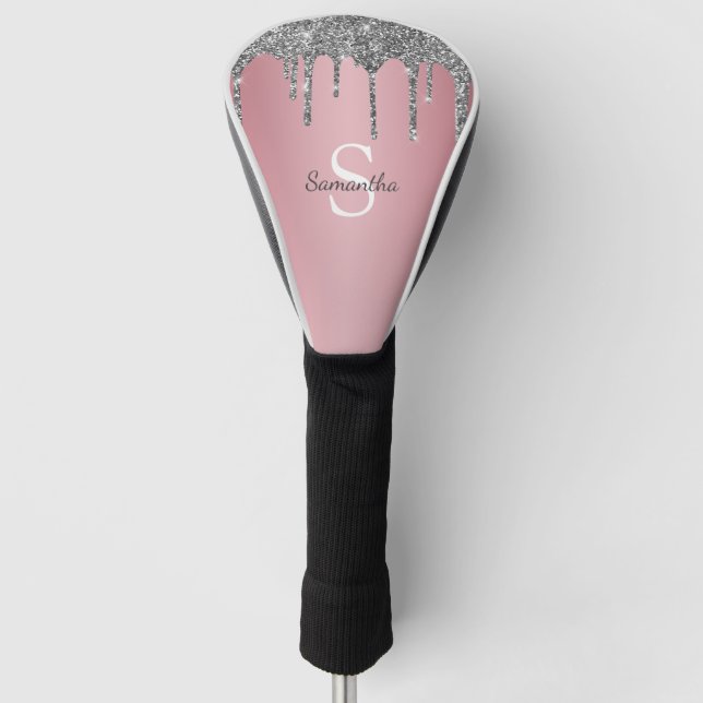 Silver Glitzer Tropfen Rose Gold Rosa Monogramm Na Golf Headcover (Vorderseite)