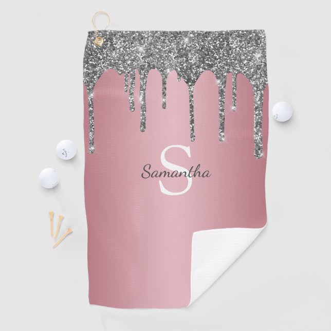 Silver Glitzer Tropfen Rose Gold Rosa Monogramm Na Golfhandtuch (Insitu)