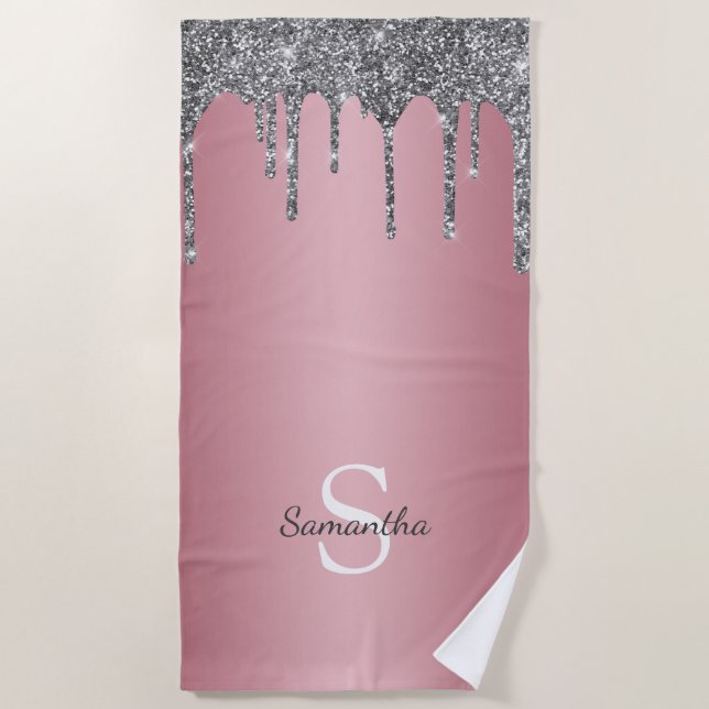 Silver Glitzer Tropfen Rose Gold Rosa Monogramm Na Strandtuch (Vorderseite)