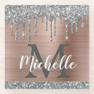 Silver Glitzer Tropfen Rose Goldname Monogramm Glasuntersetzer
