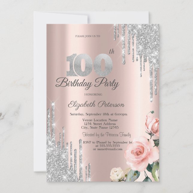 Silver Glitzer Tropfen Rose Rose Gold 100. Einladung (Vorderseite)