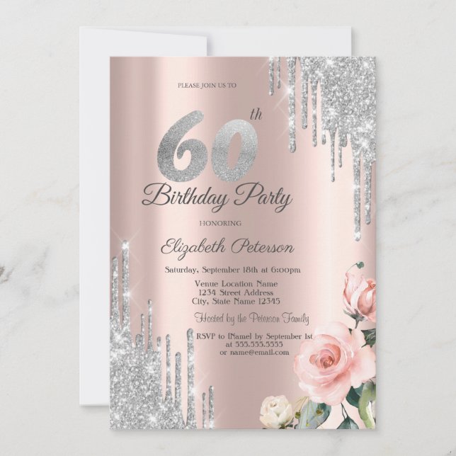Silver Glitzer Tropfen Rose Rose Gold 60. Einladung (Vorderseite)