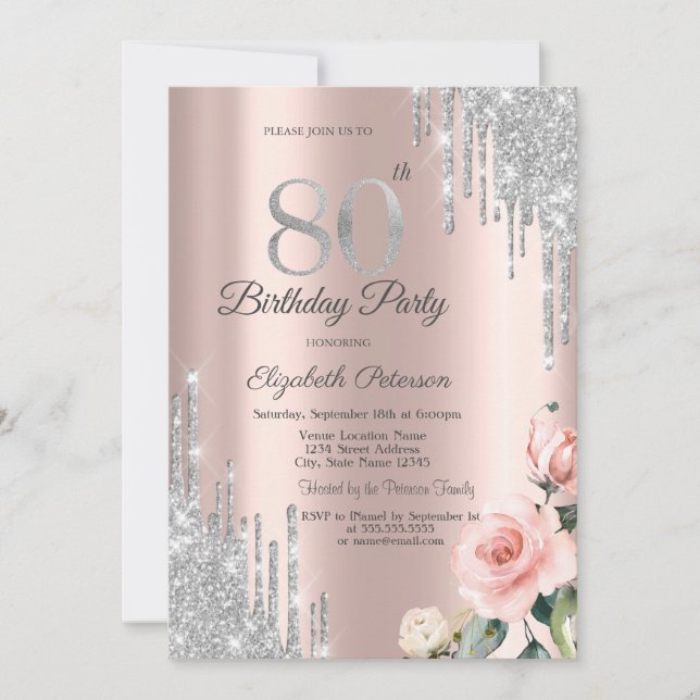 Silver Glitzer Tropfen Rose Rose Gold 80. Einladung (Vorderseite)