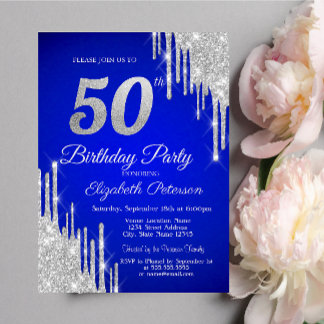Silver Glitzer Tropfen Royal Blue 50. Geburtstag Einladung