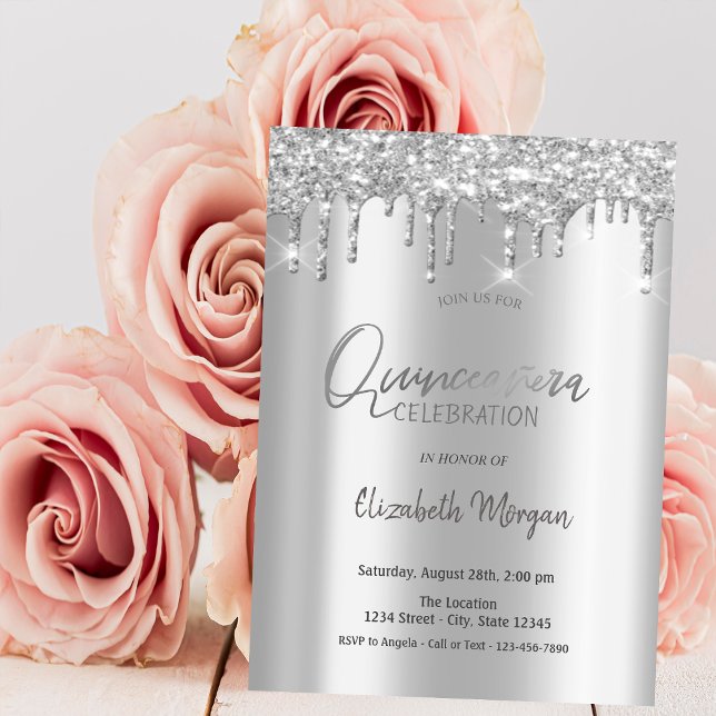 Silver Glitzer Tropfen Silver Quinceañera Einladung (Von Creator hochgeladen)