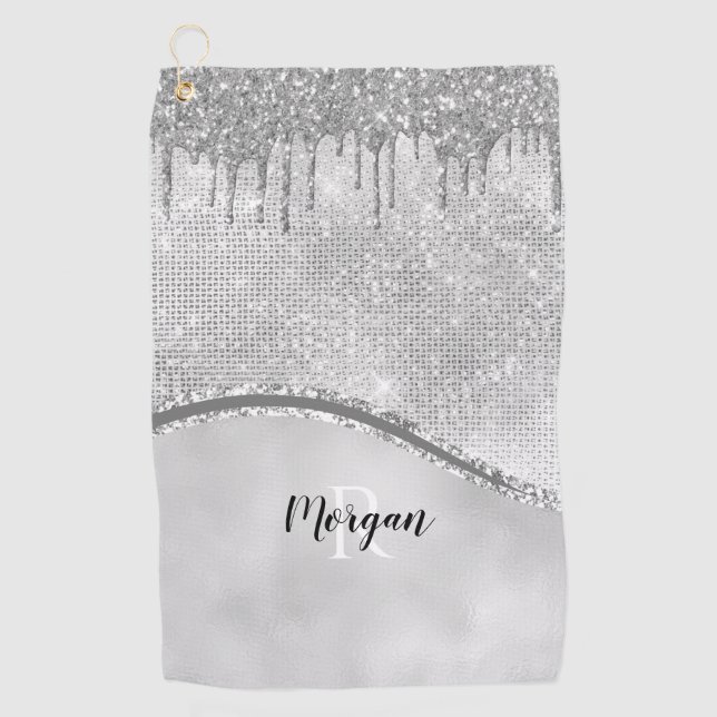 Silver Glitzer Tropfen & Sparkle, Name & Monogramm Golfhandtuch (Vorderseite)
