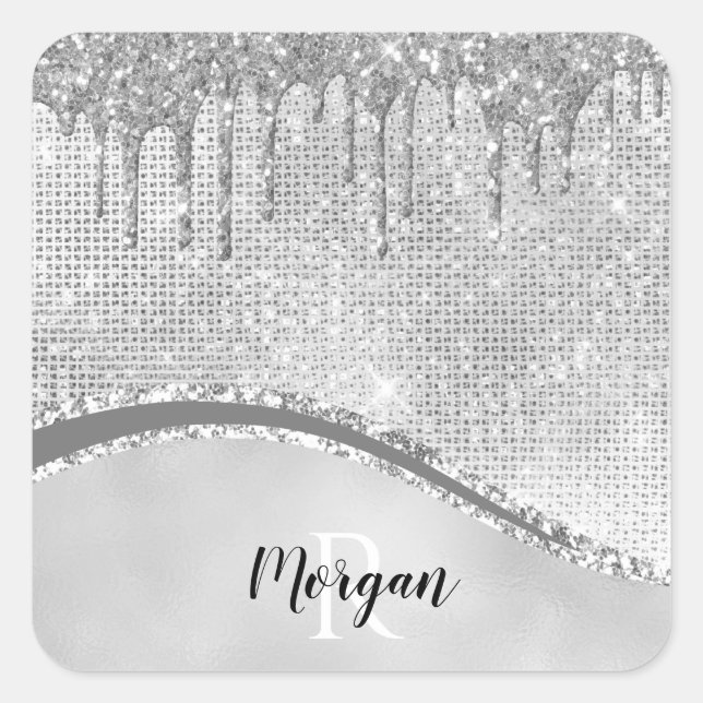 Silver Glitzer Tropfen & Sparkle, Name und Monogra Quadratischer Aufkleber (Vorderseite)