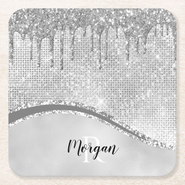 Silver Glitzer Tropfen & Sparkle, Name und Monogra Rechteckiger Pappuntersetzer (Vorderseite)