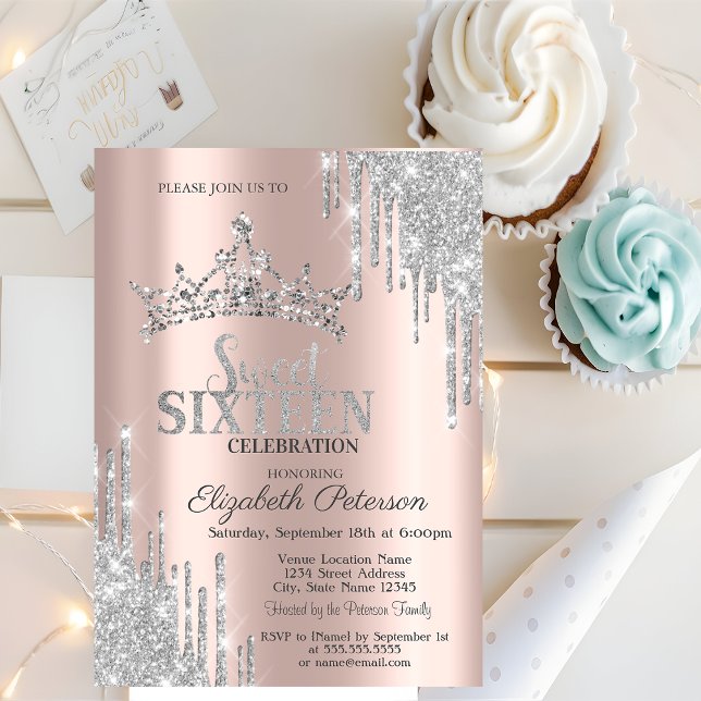 Silver Glitzer Tropfen Tiara Rose Gold Sweet 16 Einladung (Von Creator hochgeladen)