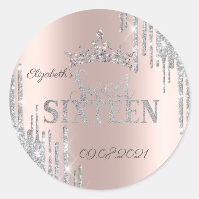 Silver Glitzer Tropfen Tiara Rose Gold Sweet 16 Runder Aufkleber (Vorderseite)