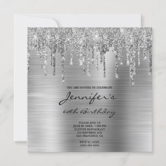 Silver Glitzer Tropfen und Foil 60. Geburtstag Einladung