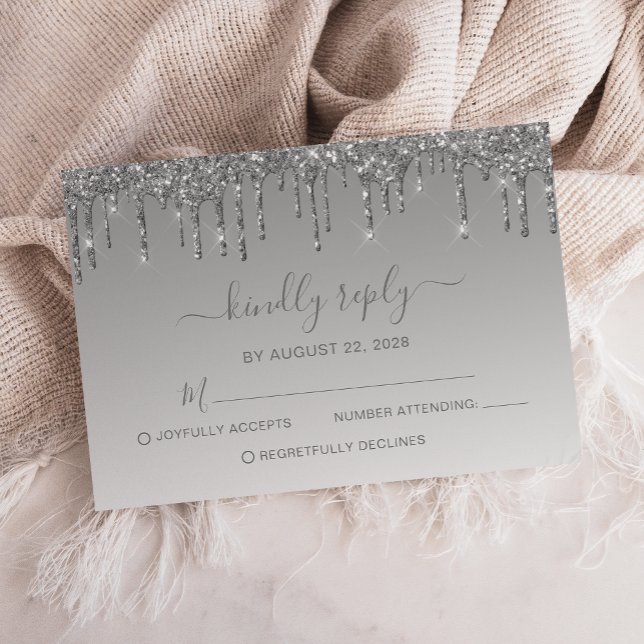 Silver Glitzer Tropfen Wedding RSVP Karte (Von Creator hochgeladen)