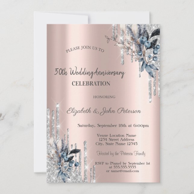 Silver Glitzer Tropfen Winter Blume Hochzeit Einladung (Vorderseite)