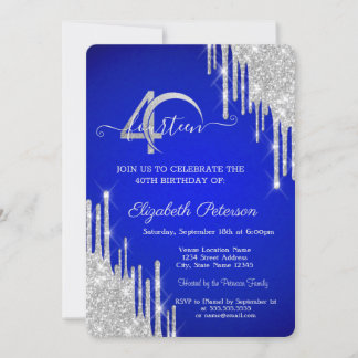 Silver Glitzer Tropfens Blue 40. Geburtstag Einladung