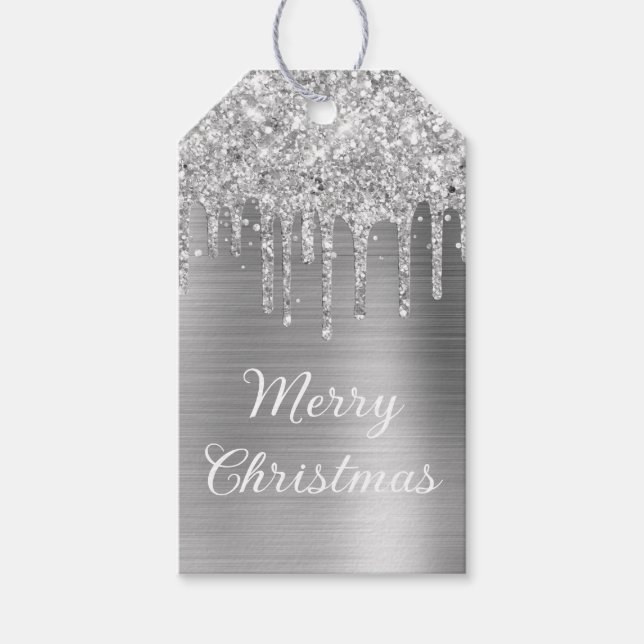 Silver Glitzer Tropfens Frohe Weihnachten Geschenkanhänger (Vorderseite)