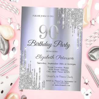 Silver Glitzer Tropfens Lila 90. Geburtstag Einladung