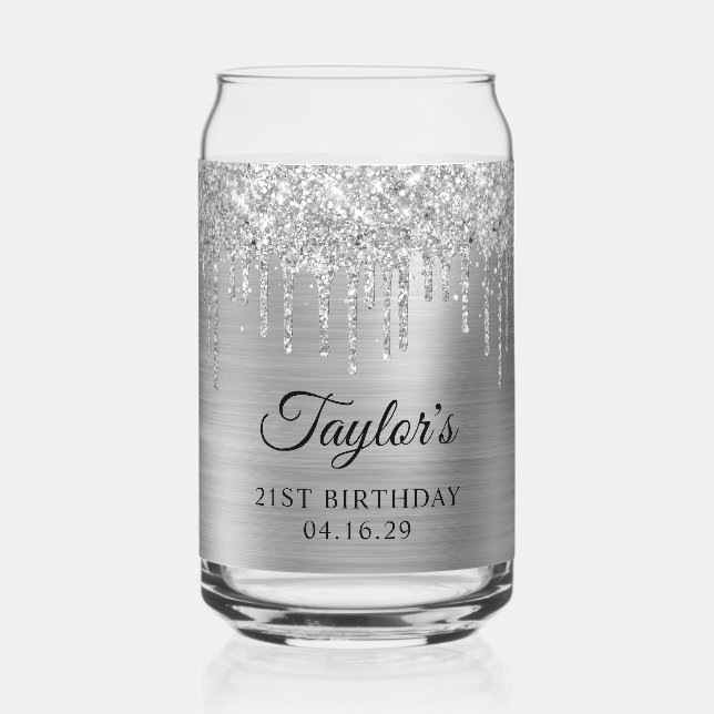 Silver Glitzer Tropfens Metallic 21. Geburtstag Dosenglas (Vorderseite)