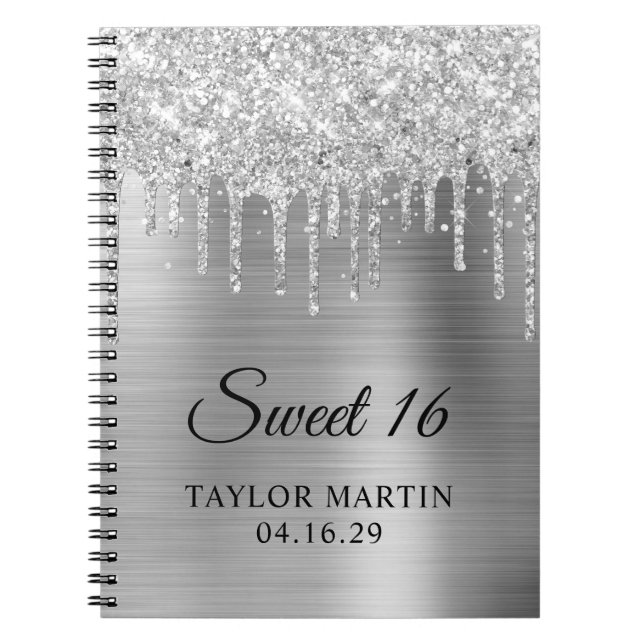 Silver Glitzer Tropfens Metallic Sweet 16 Guest Notizblock (Vorderseite)