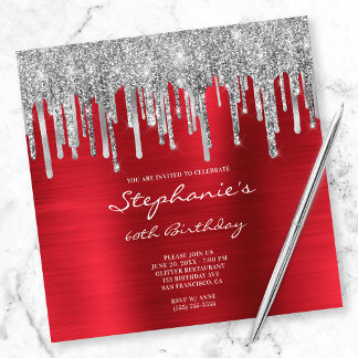 Silver Glitzer Tropfens Red Foil 60. Geburtstag Einladung