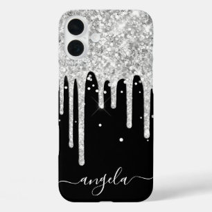 Silver Glitzer Tropfens Schwarze Glam Signatur iPhone 16 Plus Hülle