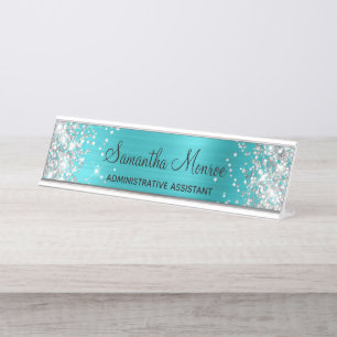 Silver Glitzer Türkis Blauer Foil Schreibtischnamensplakette
