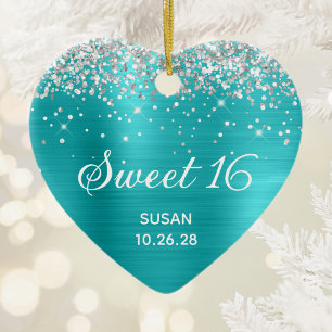 Silver Glitzer Türkis Blue Foil Sweet 16 Foto Keramik Ornament