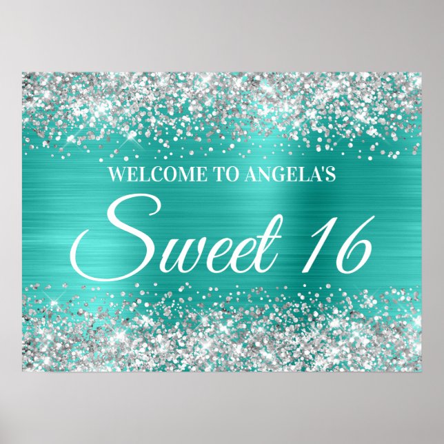Silver Glitzer Türkis Sweet 16 Willkommen Poster (Vorne)