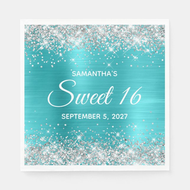 Silver Glitzer Türkise Blue Ombre Foil Sweet 16 Serviette (Vorderseite)