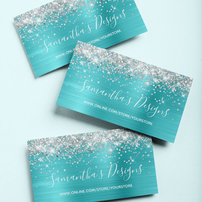 Silver Glitzer Turquoise Blue Foil Online Store Visitenkarte (Glittery Art Business Cards)