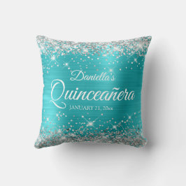 Silver Glitzer Turquoise Blue Quinceañera Kissen