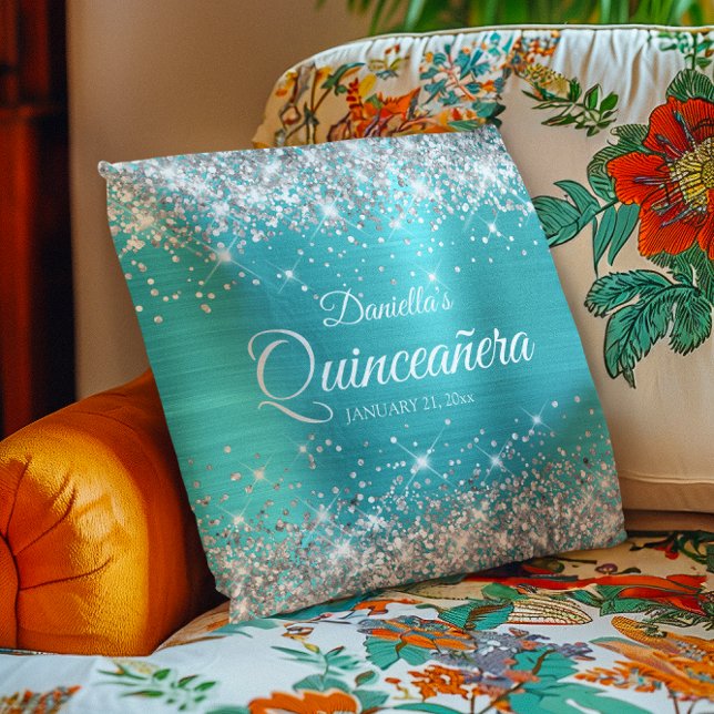 Silver Glitzer Turquoise Blue Quinceañera Kissen (Silver Glitter Turquoise Blue Quinceañera Throw Pillow)