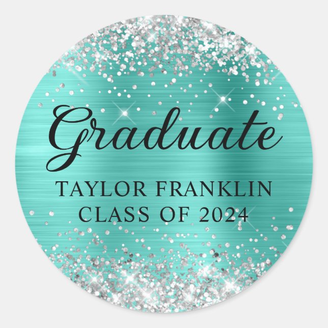 Silver Glitzer Turquoise Class of 2024 Graduate Runder Aufkleber (Vorderseite)