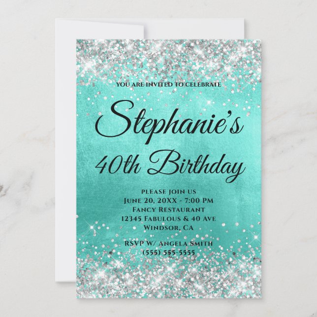 Silver Glitzer Turquoise Foil Extravagant Monogram Einladung (Vorderseite)