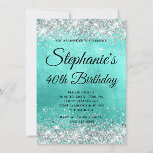 Silver Glitzer Turquoise Foil Extravagant Monogram Einladung