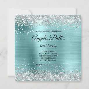 Silver Glitzer Turquoise Foil Extravagant Monogram Einladung
