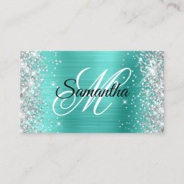 Silver Glitzer Turquoise Foil Extravagant Monogram Visitenkarte