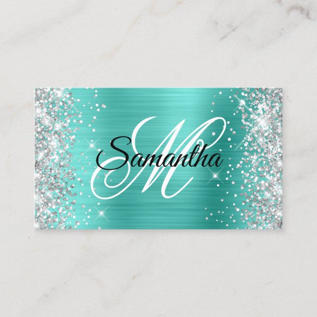 Silver Glitzer Turquoise Foil Extravagant Monogram Visitenkarte (Vorderseite)