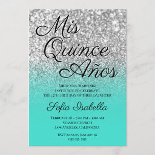 Silver Glitzer Turquoise Ombre Mis Quince Años Einladung