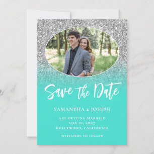 Silver Glitzer Turquoise Ombre Oval Foto Save The Date