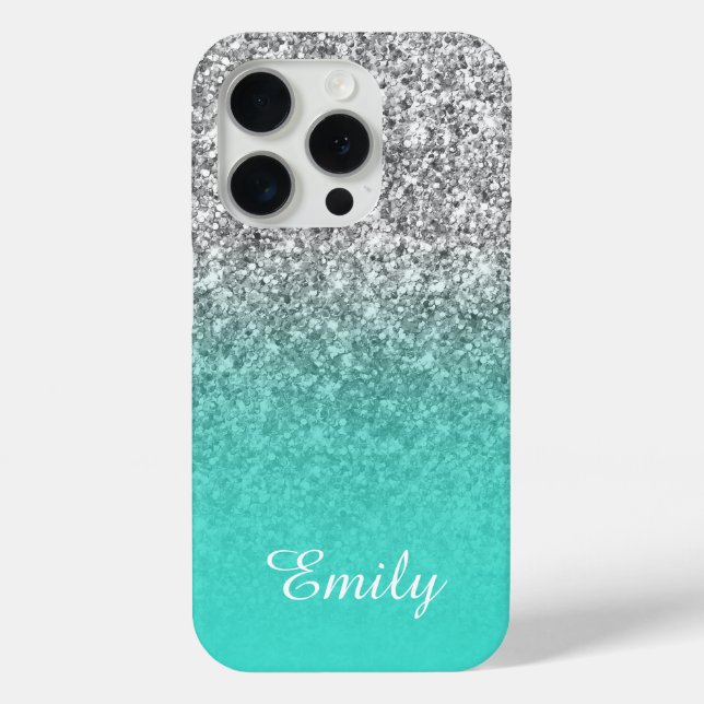 Silver Glitzer Turquoise Ombre Personalisiert Case-Mate iPhone Hülle (Rückseite)