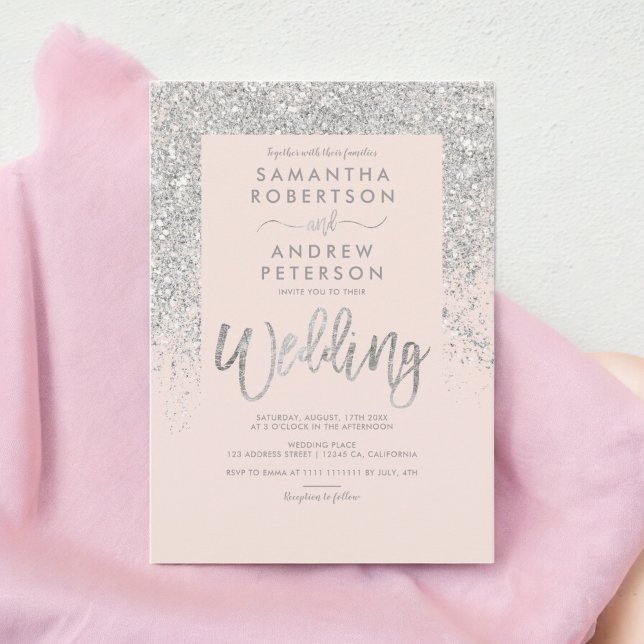 Silver Glitzer Typografie Rosa Hochzeit Einladung (Silver glitter typography blush pink wedding invitation)
