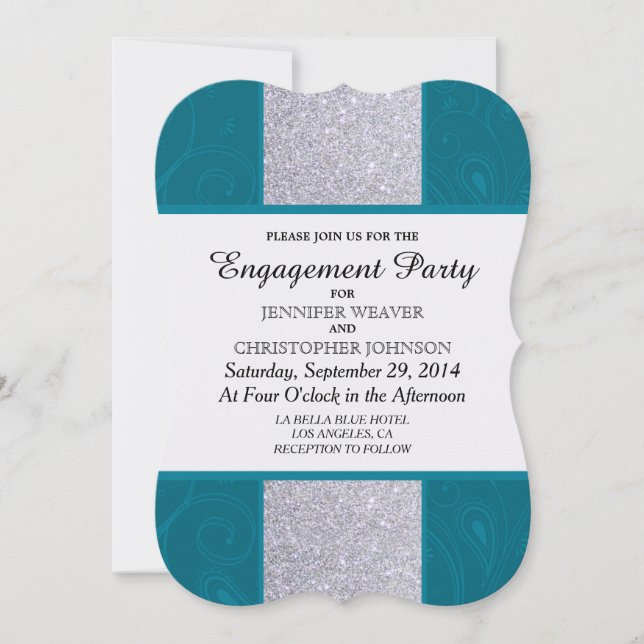 Silver Glitzer und Aqua Aquamarin mit Wirblem Desi Einladung (Vorderseite)