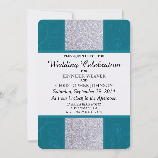 Silver Glitzer und Aqua Aquamarin mit Wirblem Desi Einladung (Vorderseite)
